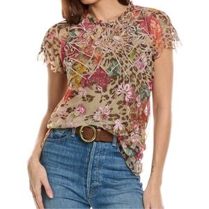 Johnny Was Biya Mazzy Ruffle Neck blouse floral embroidered animal print medium